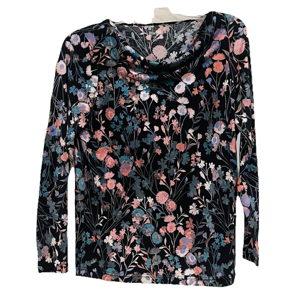 WinterSilks 100% Silk Midweight Knit Long Sleeve Black Multi Floral Blouse Sz L